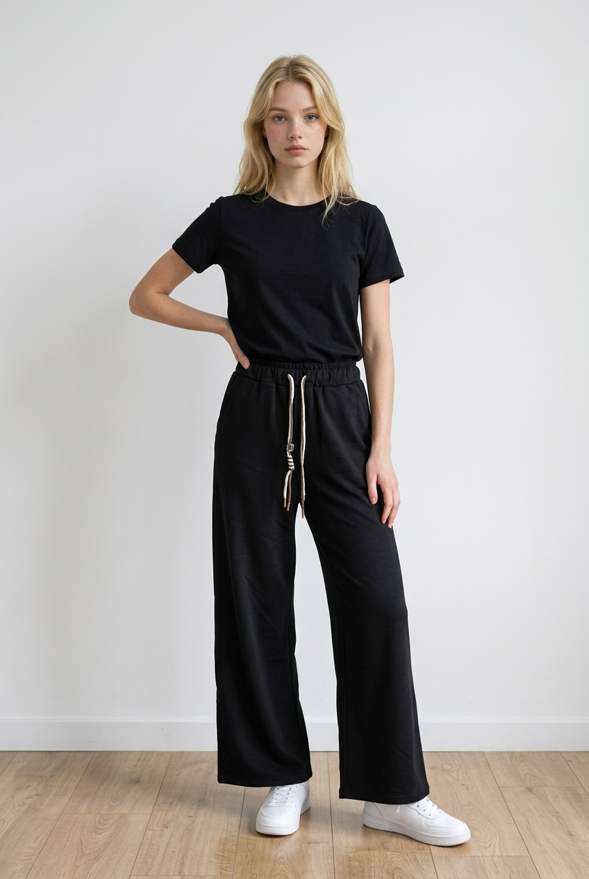 Pantalone palazzo nero donna, realizzato in tessuto morbido e leggero, con presenza di una vita elasticizzata, con una particolare coulisse regolabile