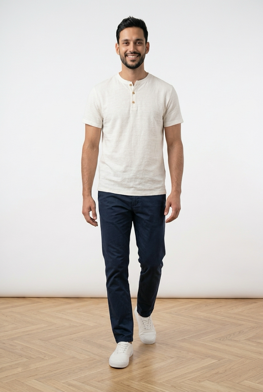 T-shirt bianca uomo, con chiusura frontale con 3 bottoni a contrasto e girocollo con apertura. Sul fondo, a sinistra, una piccola targhetta decorativa in legno. 
