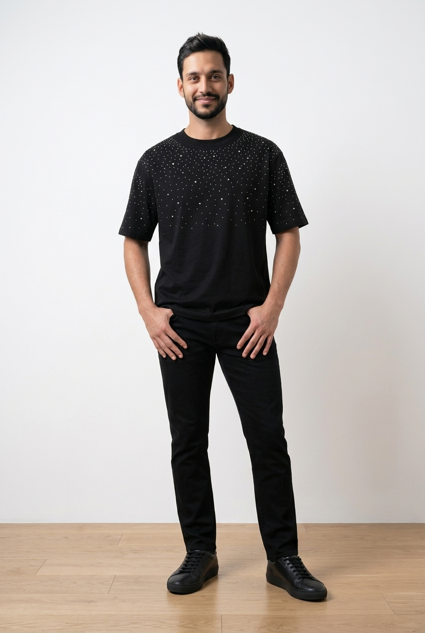T-shirt girocollo a maniche corte realizzata in 100% cotone. Presenza di micro strass applicati esclusivamente sul fronte e sulle maniche anche dietro