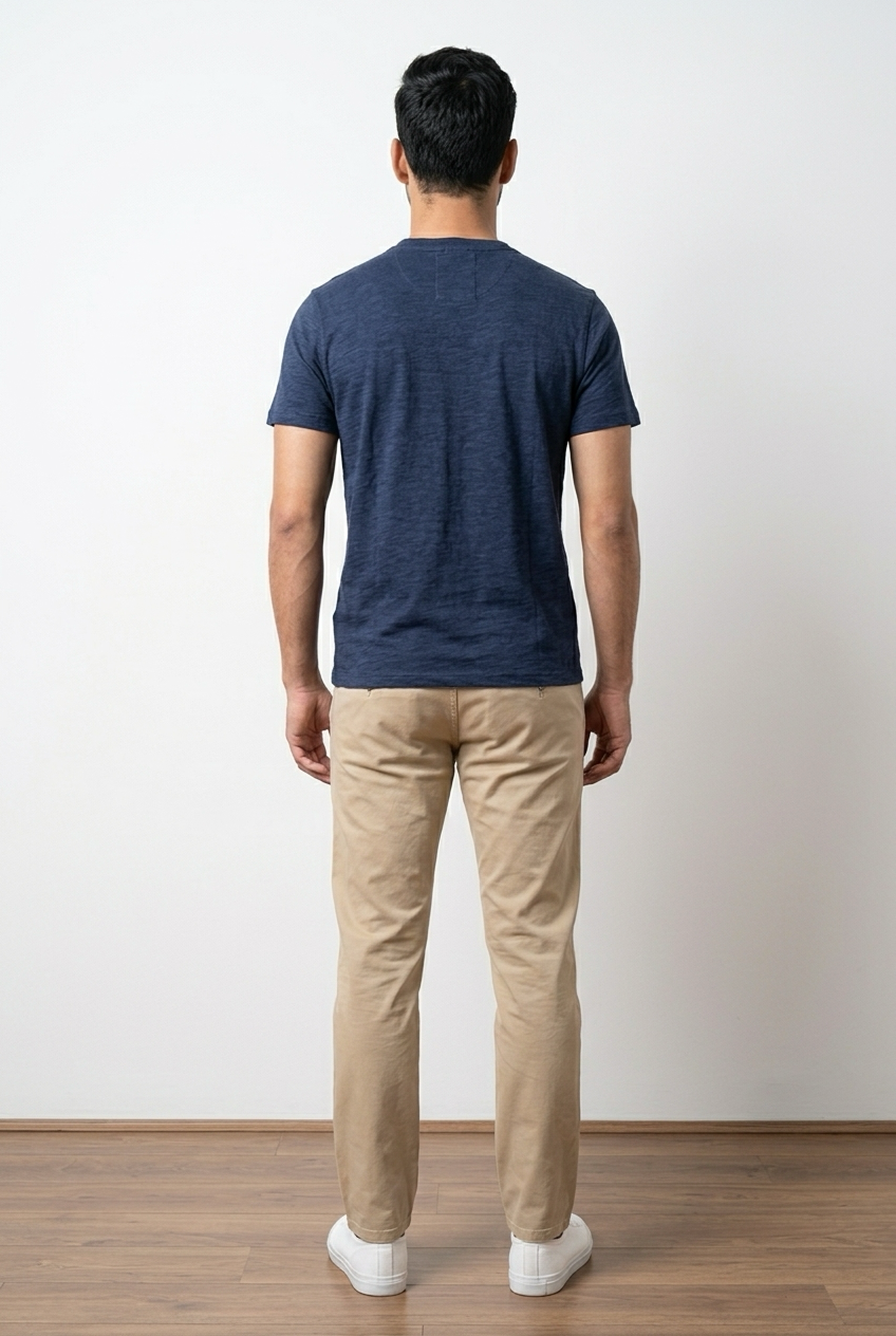 T-shirt blu uomo, con chiusura frontale con 3 bottoni a contrasto e girocollo con apertura. Sul fondo, a sinistra, una piccola targhetta decorativa in legno, retro pulito