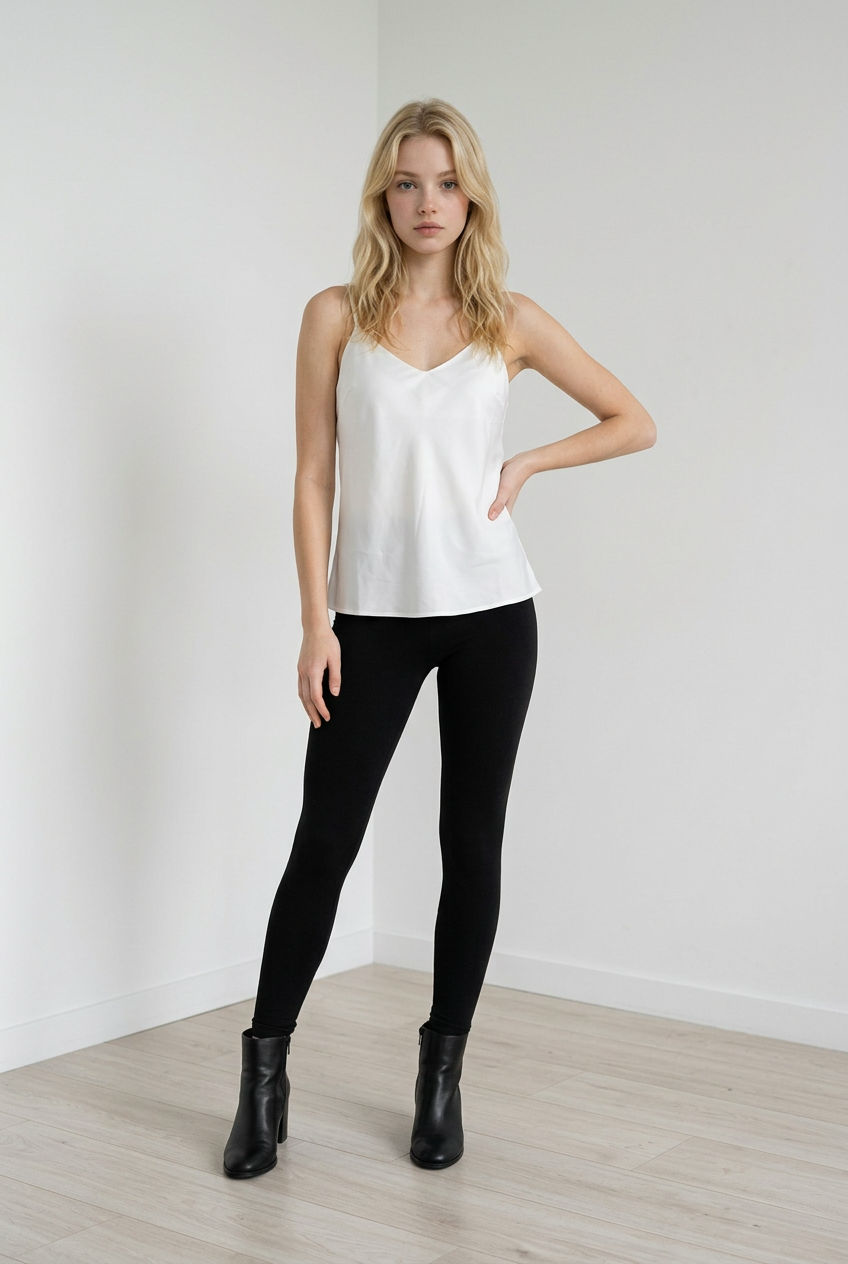 Top bianco realizzato con tessuto morbido; spalline sottili e regolabili, ampio scollo a V che valorizza il décolleté