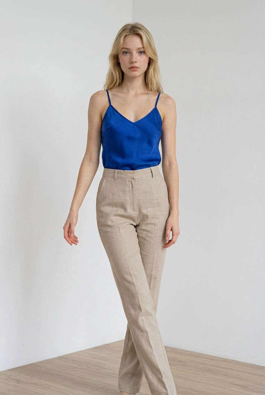 Top da donna realizzato con tessuto morbido; spalline sottili e regolabili, ampio scollo a V che valorizza il décolleté