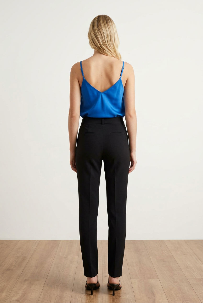 Top blu realizzato con tessuto morbido; spalline sottili e regolabili, ampio scollo a V che valorizza il décolleté