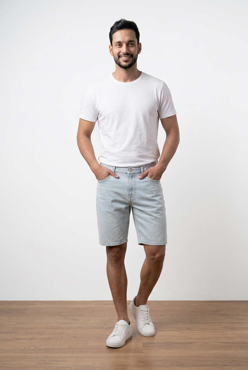 Bermuda in denim azzurro 100% cotone con vestibilità regular e lunghezza al ginocchio.