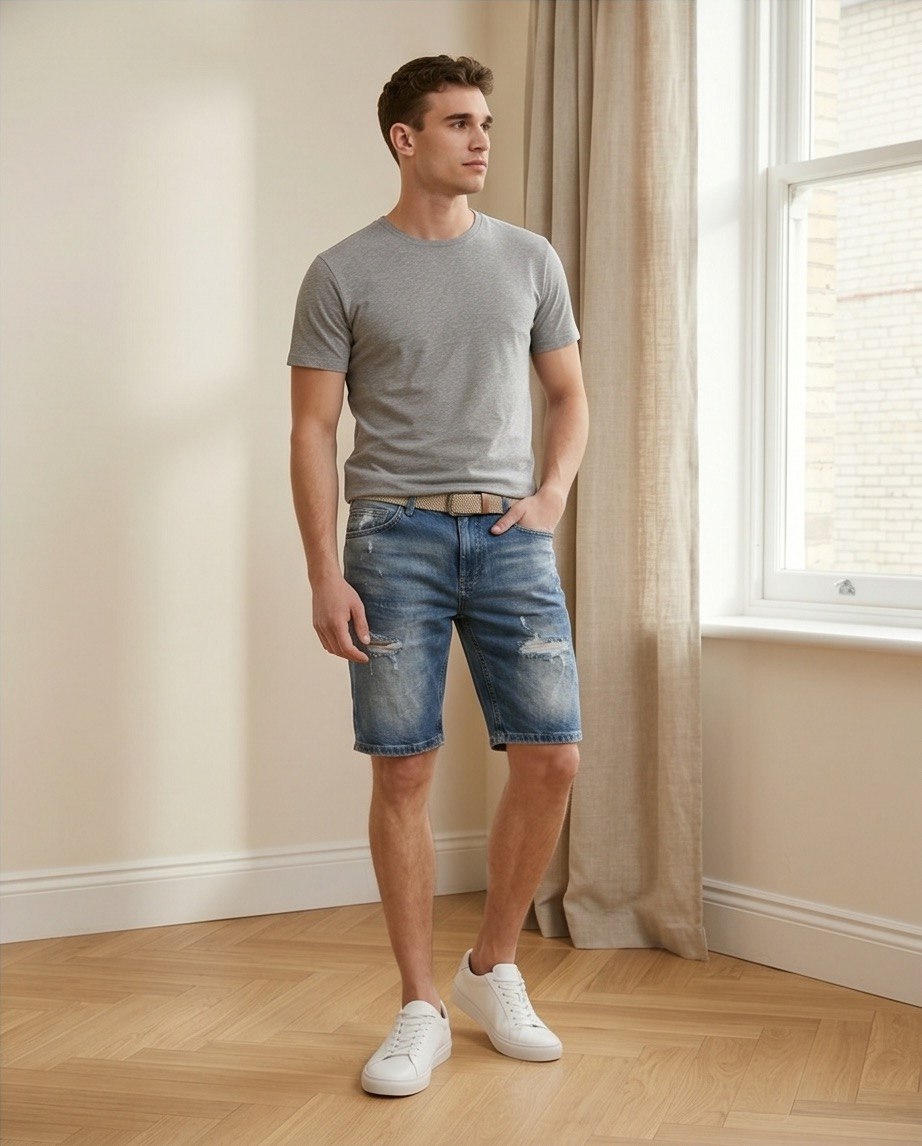 Bermuda uomo in denim scuro con strappi fronte