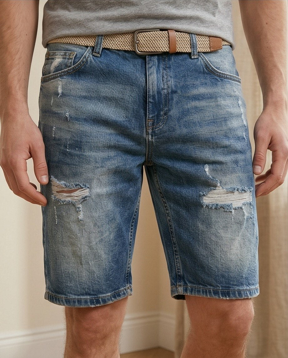 Bermuda in denim scuro con strappi primo piano
