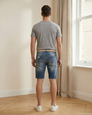 Bermuda uomo in denim scuro con strappi retro