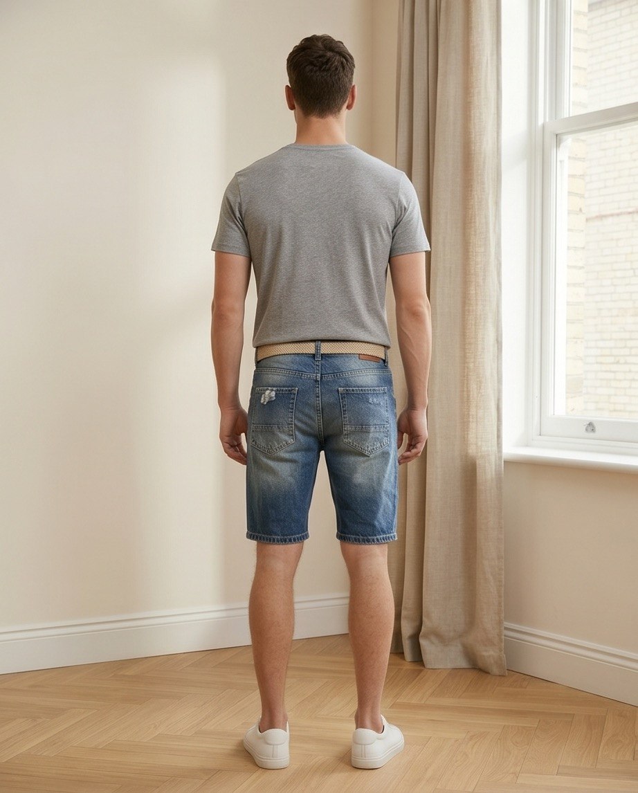 Bermuda uomo in denim scuro con strappi retro