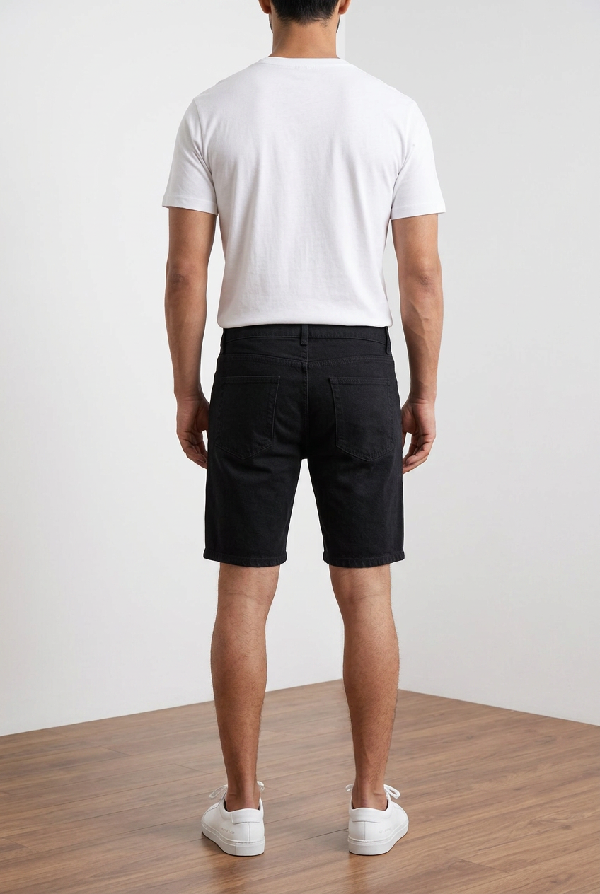 Bermuda uomo in denim nero 100% cotone con vestibilità regular e lunghezza al ginocchio.