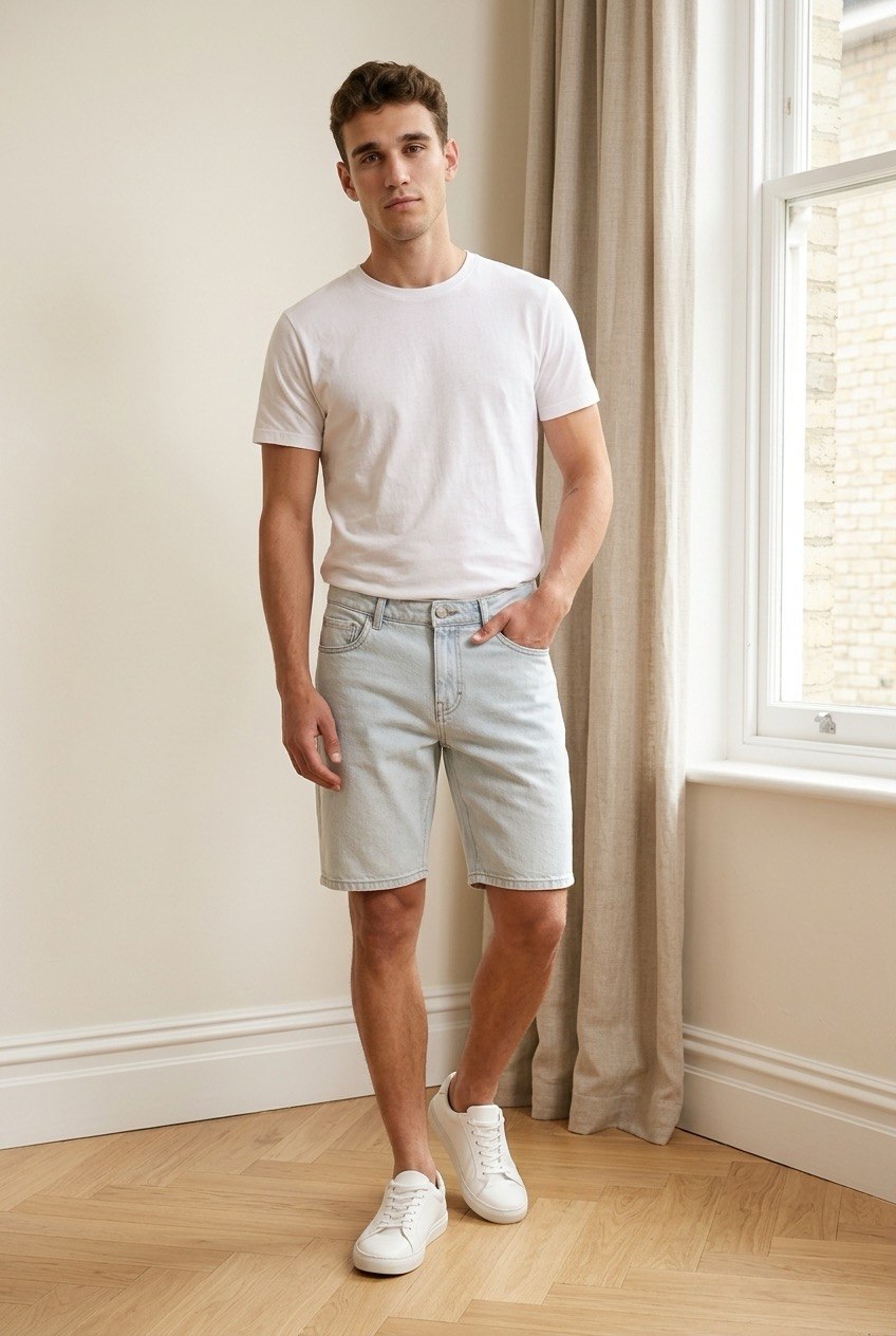 Bermuda in denim chiaro regular uomo indossato frontale