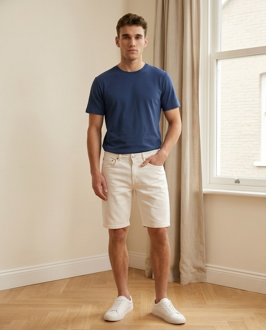 Bermuda uomo slim in denim bianchi indossato fronte