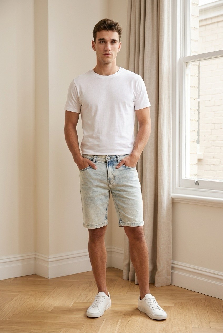 Bermuda uomo slim in denim chiaro indossato fronte