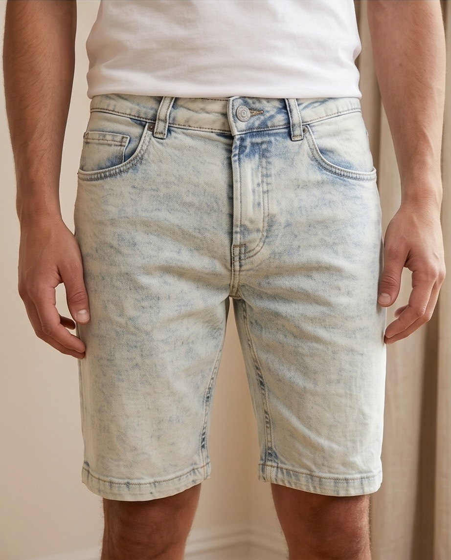 Bermuda uomo in denim chiaro indossato in primo piano
