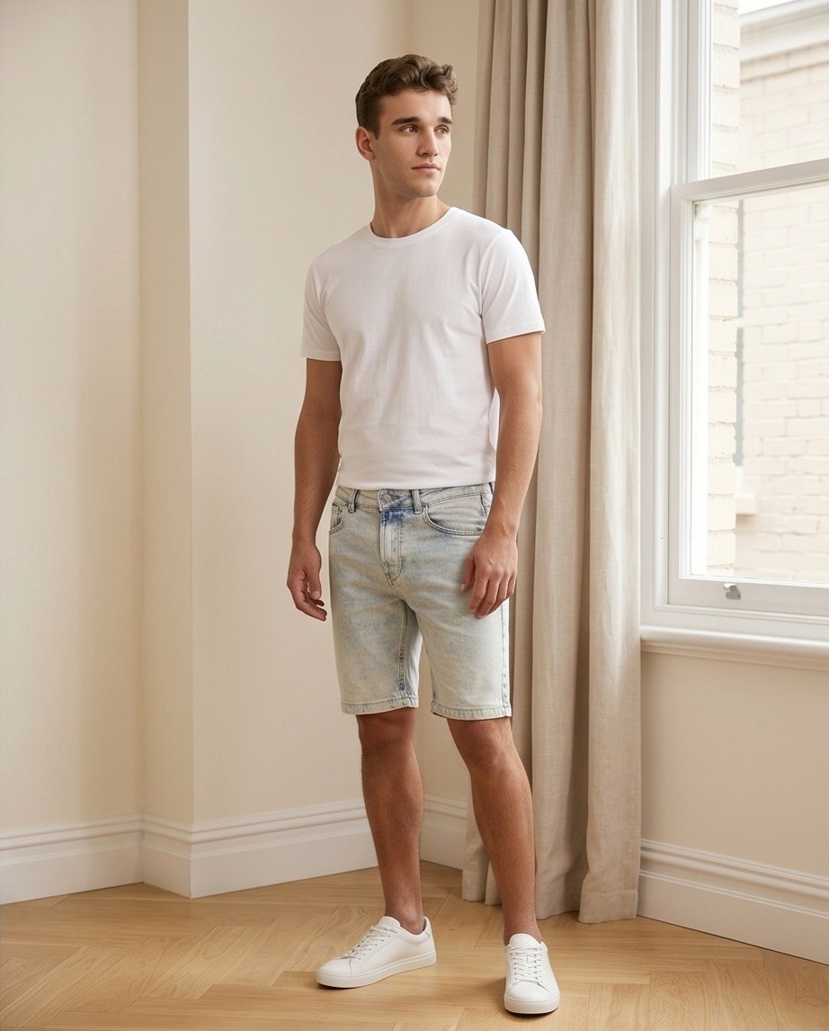 Bermuda uomo slim in denim chiaro indossato lato