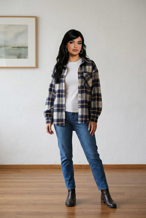 Camicia oversize indossata  stile boscaiolo a quadri neutri con chiusura a bottoni e tasche sul petto