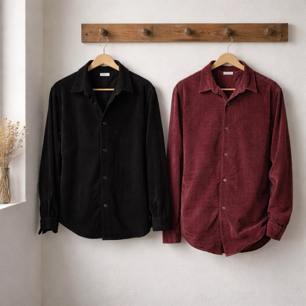 Camicia overshirt da uomo nera o bordeaux in tessuto scamosciato con colletto classico, chiusura a 6 bottoni e maniche lunghe con polsini rifiniti