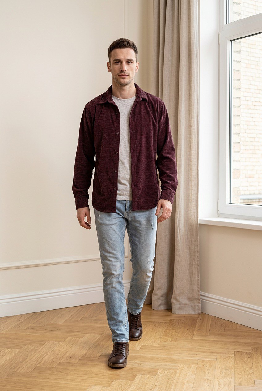 Camicia overshirt in tessuto scamosciato con colletto classico, chiusura a 6 bottoni e maniche lunghe con polsini rifiniti