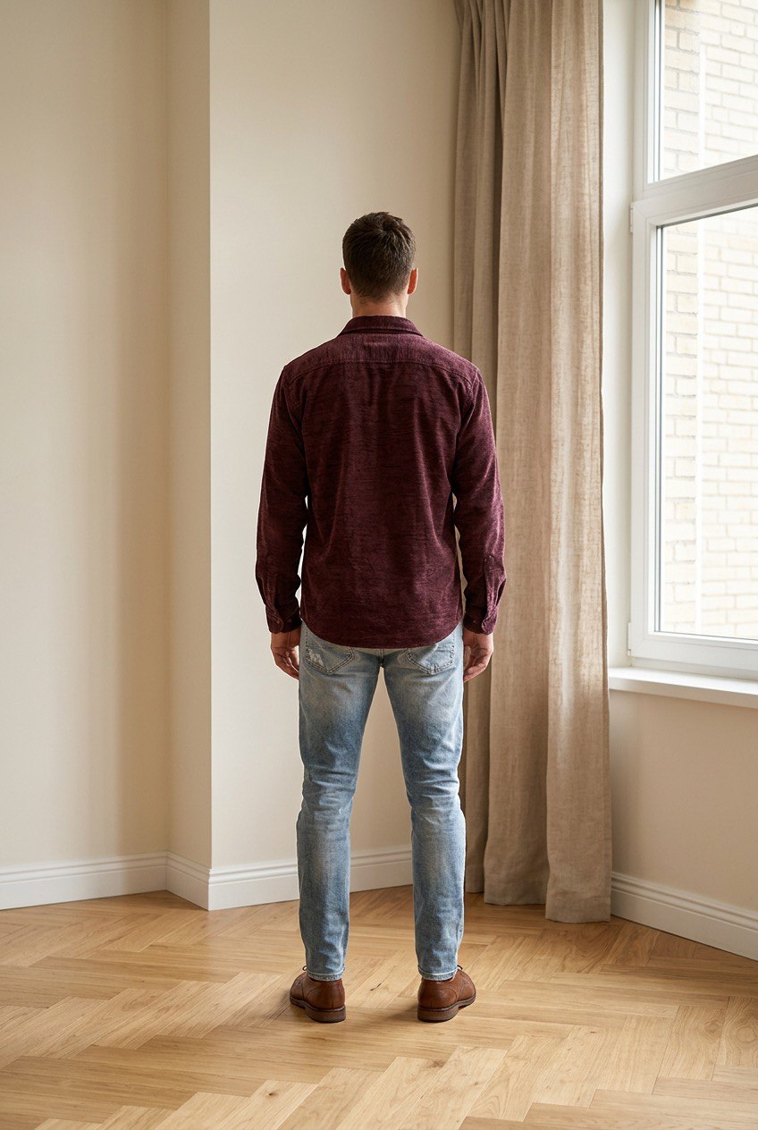 Camicia overshirt da uomo in tessuto scamosciato con colletto classico, chiusura a 6 bottoni e maniche lunghe con polsini rifiniti