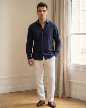Camicia uomo blu misto lino fronte