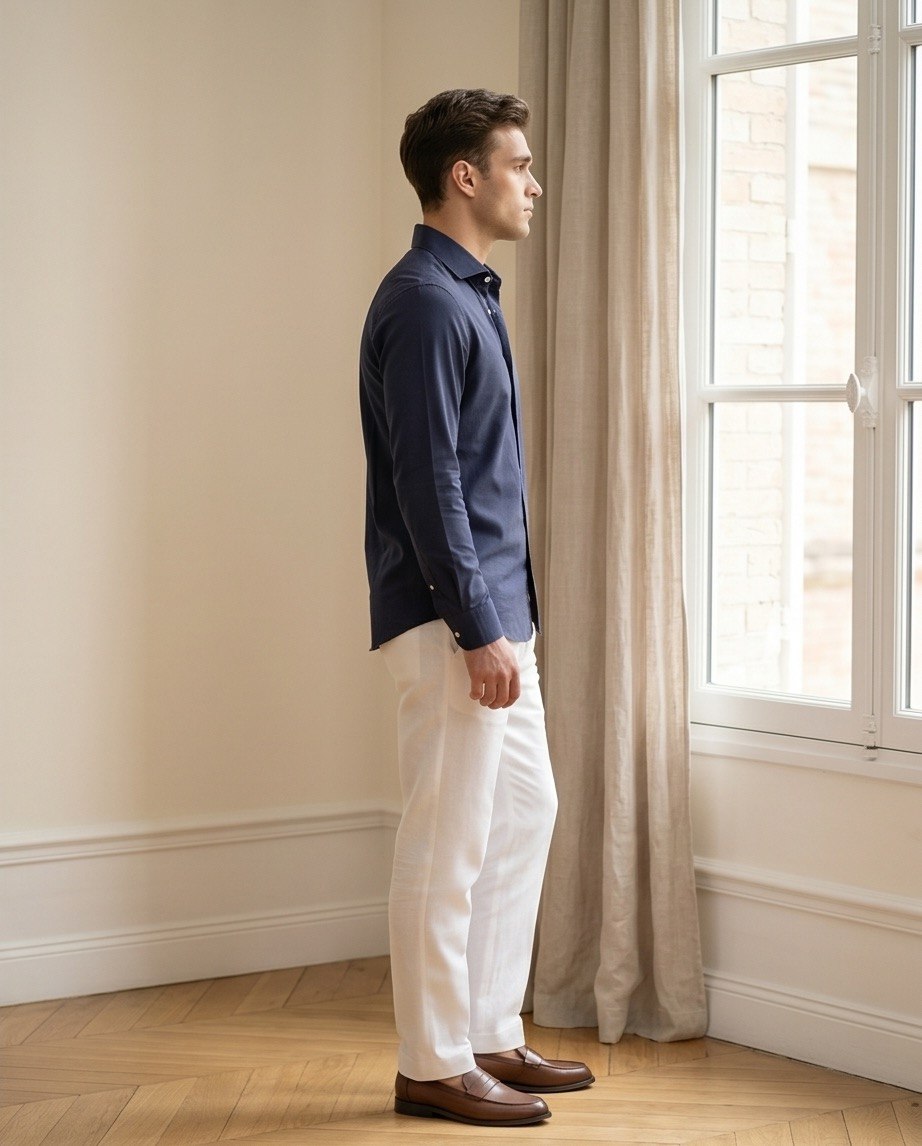 Camicia blu misto lino lato