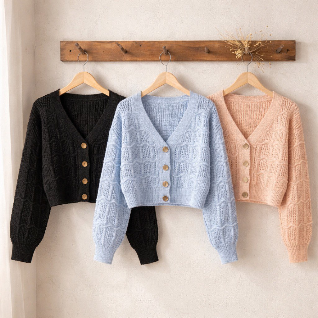 Cardigan crop nero, celeste e rosa in maglia lavorata con motivo traforato a onde, scollo a V e chiusura frontale con 5 bottoni