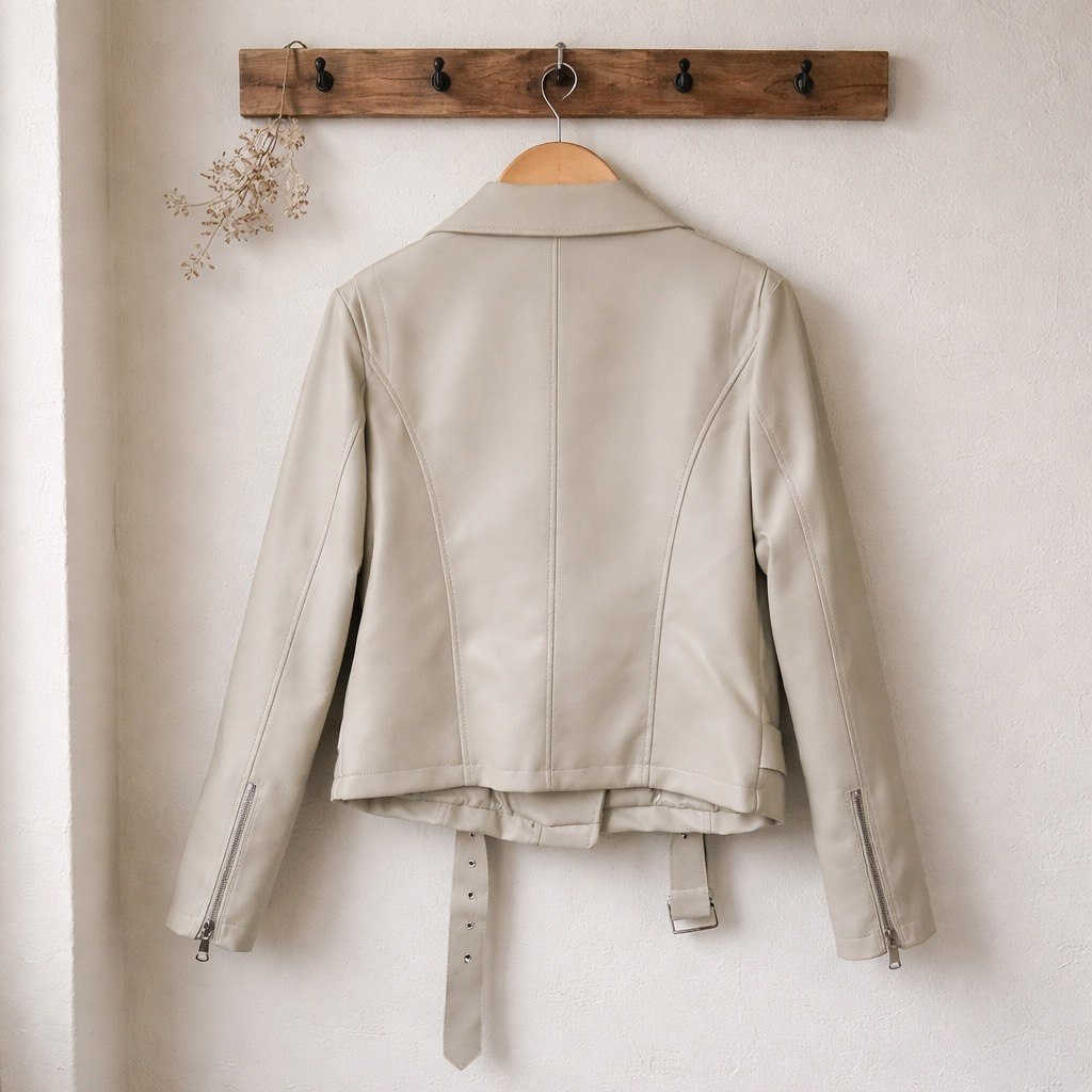 Chiodo in ecopelle con colletto ampio, zip asimmetrica, tasche frontali e cintura regolabile in vita, zip sulle maniche