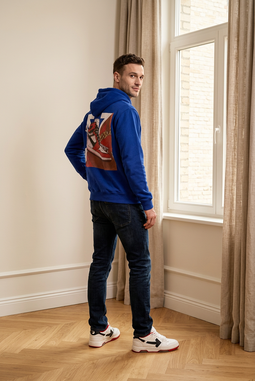 Felpa uomo con cappuccio e tasca a marsupio con stampa sneakers stilizzata sul retro