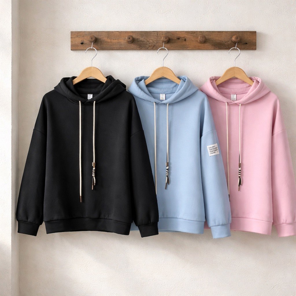 Felpe rosa, nero, azzurra, oversize con cappuccio, coulisse a contrasto e patch decorativa sul braccio