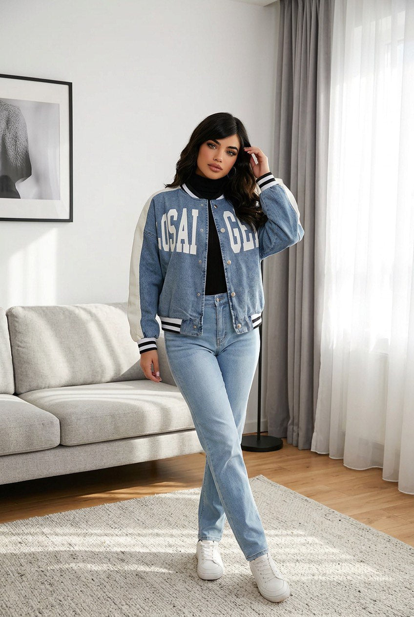 Giubbino donna stile college in denim leggero con chiusura bottoni a pressione , maniche a contrasto e dettagli elasticizzati a righe
