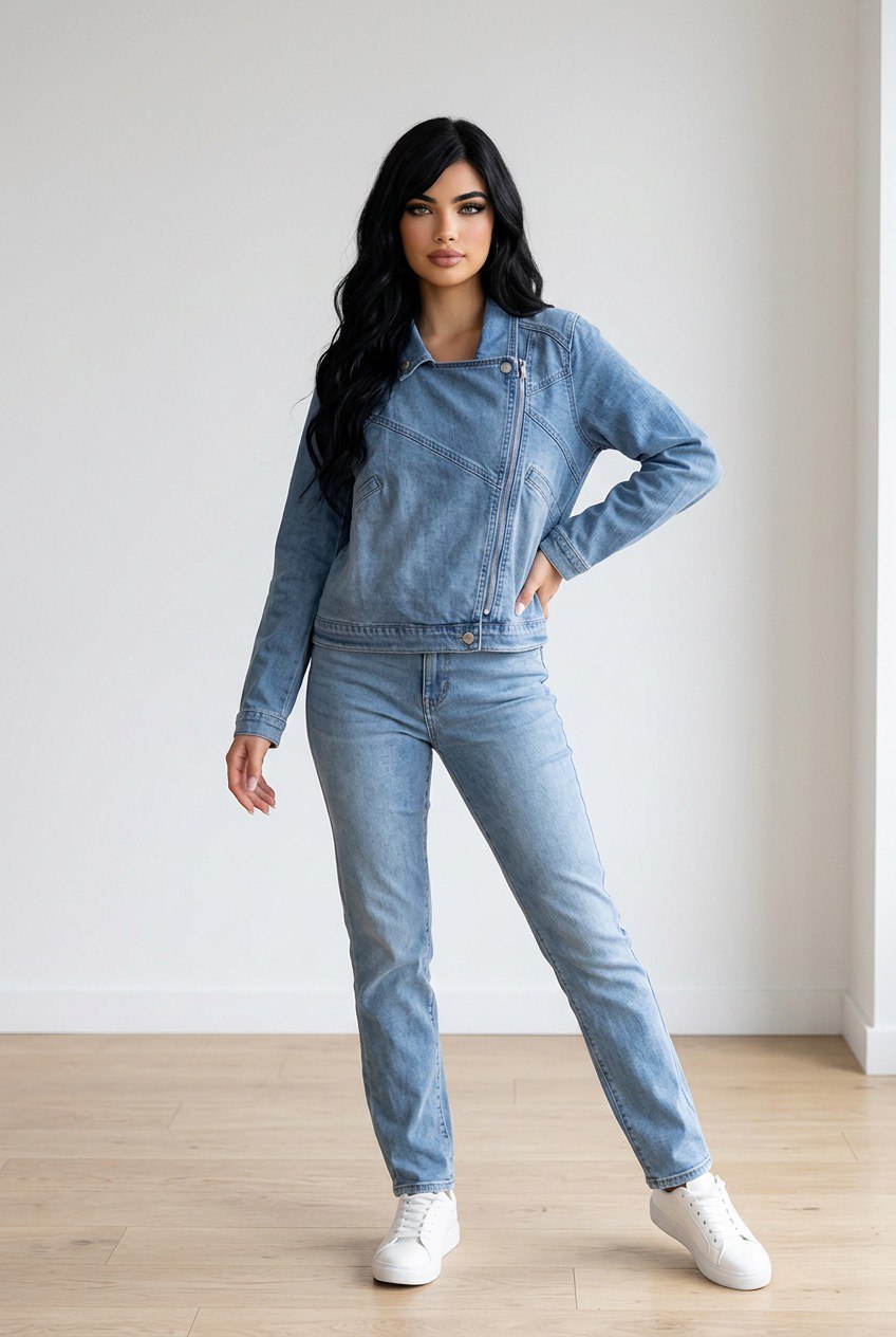 Giubbino donna denim chiaro con colletto biker, zip asimmetrica e tasche decorative laterali