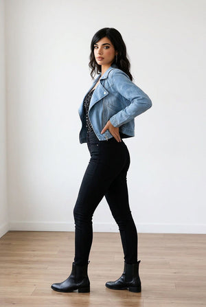 Giubbino denim chiaro corto con colletto biker, bottoni metallici sul colletto, zip asimmetrica e tasche decorative laterali