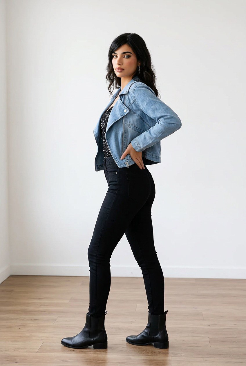 Giubbino denim chiaro corto con colletto biker, bottoni metallici sul colletto, zip asimmetrica e tasche decorative laterali