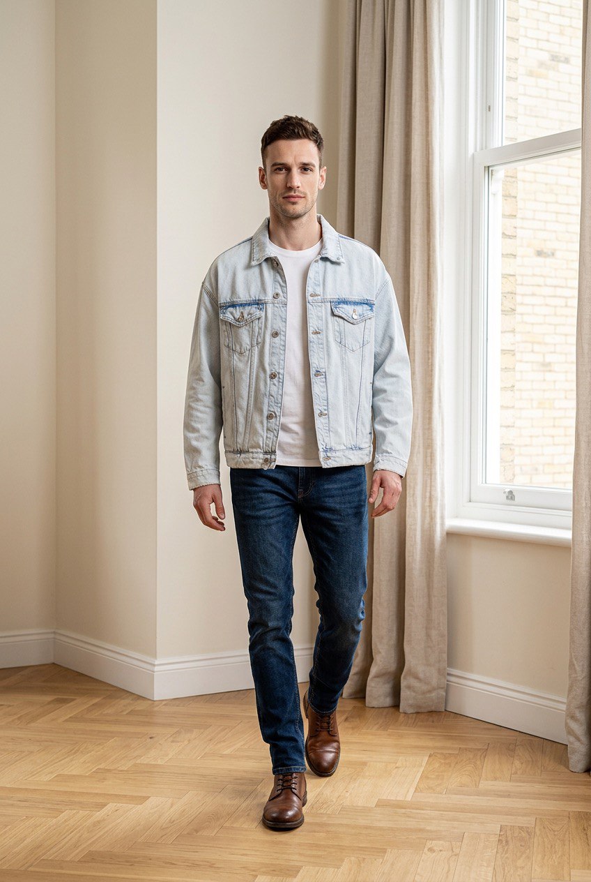 Giubbino denim uomo oversize indossato  con spalle leggermente scese, chiusura con bottoni frontali e tasche sul petto e laterali, vista frontale