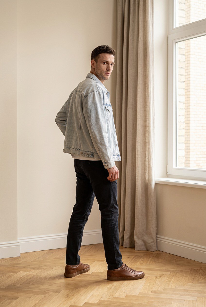 Giubbino denim uomo oversize indossato  con spalle leggermente scese, chiusura con bottoni frontali e tasche sul petto e laterali, lato