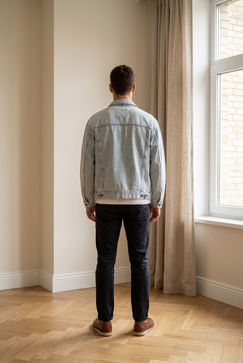 Giubbino denim uomo oversize indossato  con spalle leggermente scese, chiusura con bottoni frontali e tasche sul petto e laterali, vista posteriore