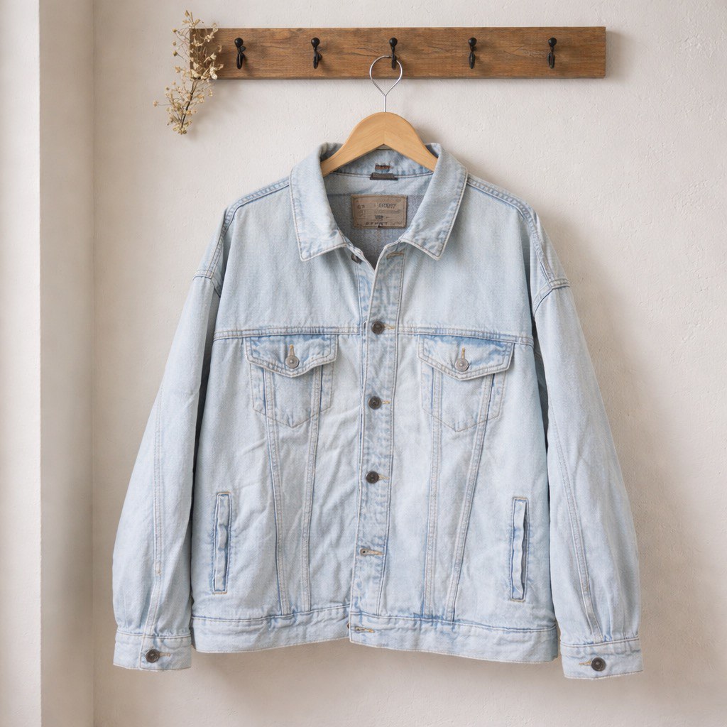 Giubbino denim uomo oversize con spalle leggermente scese, chiusura con bottoni frontali e tasche sul petto e laterali, su gruccia