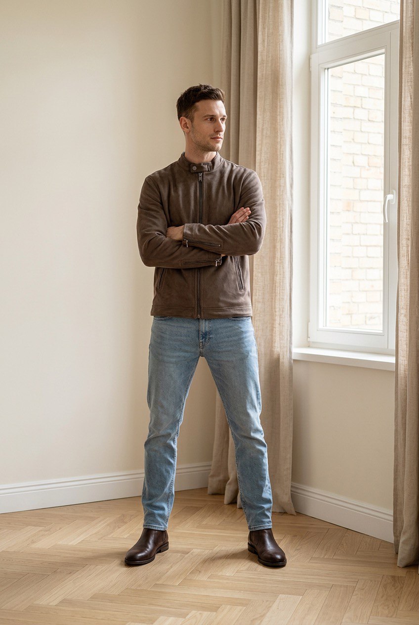 Giubbino scamosciato uomo in suede con taglio slim, zip centrale, colletto corto e tasche laterali con zip
