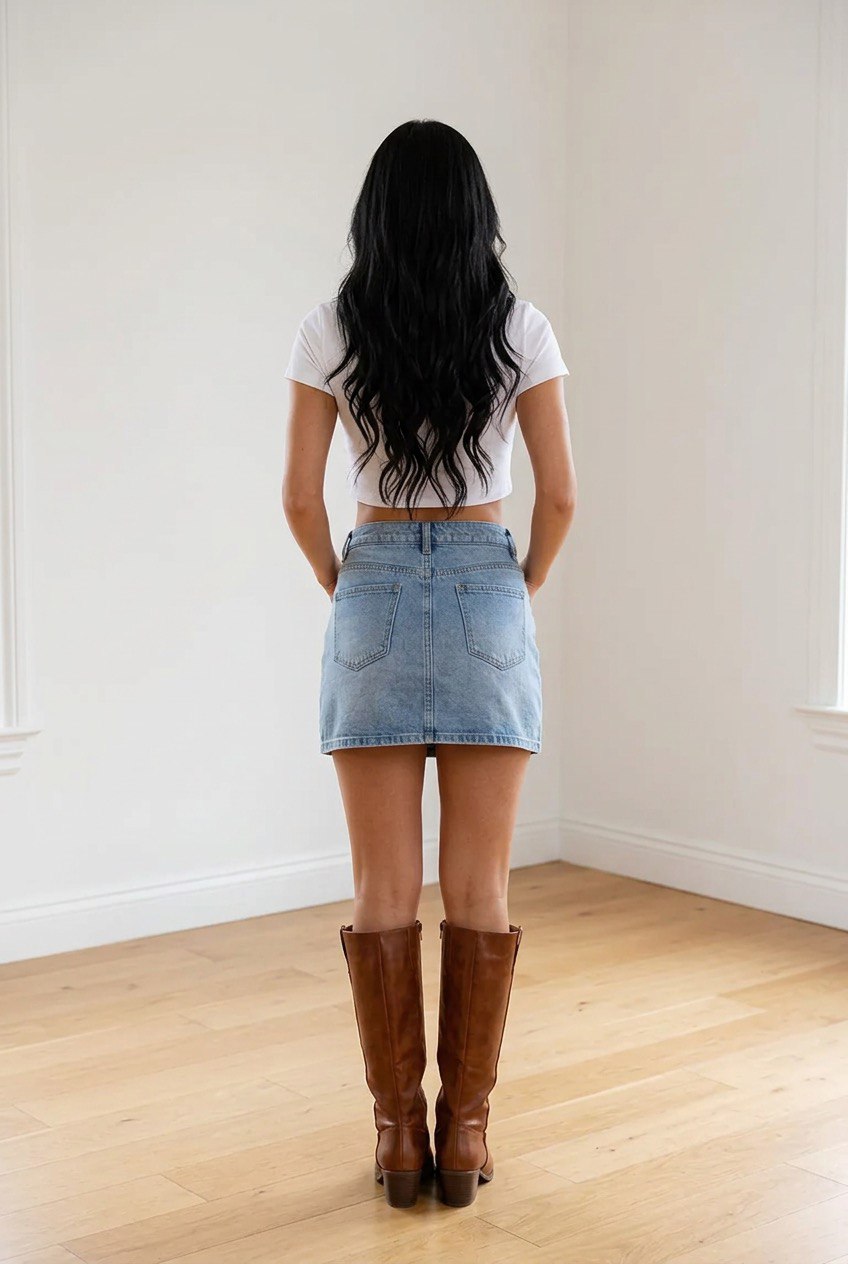 Minigonna denim azzurro chiaro a vita alta con shorts interni, chiusura con bottone e zip