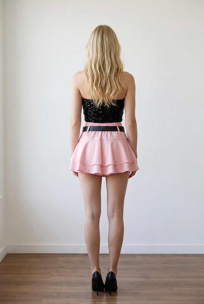 Skort rosa da donna (gonna pantaloncino) in poliestere con balze vestibilità regular dettaglio pantaloncino e cintura in vita