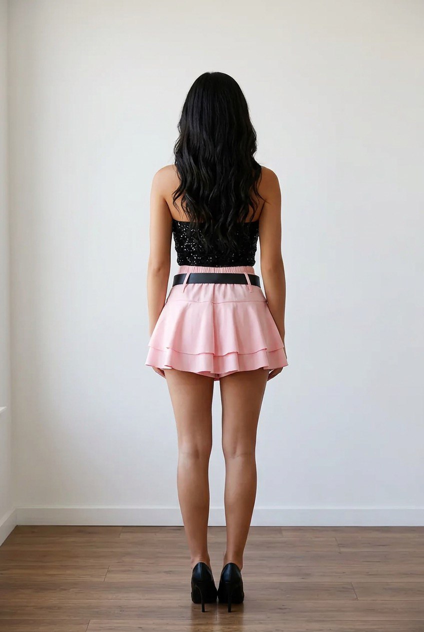 Skort rosa da donna (gonna pantaloncino) in poliestere con balze vestibilità regular vista posteriore