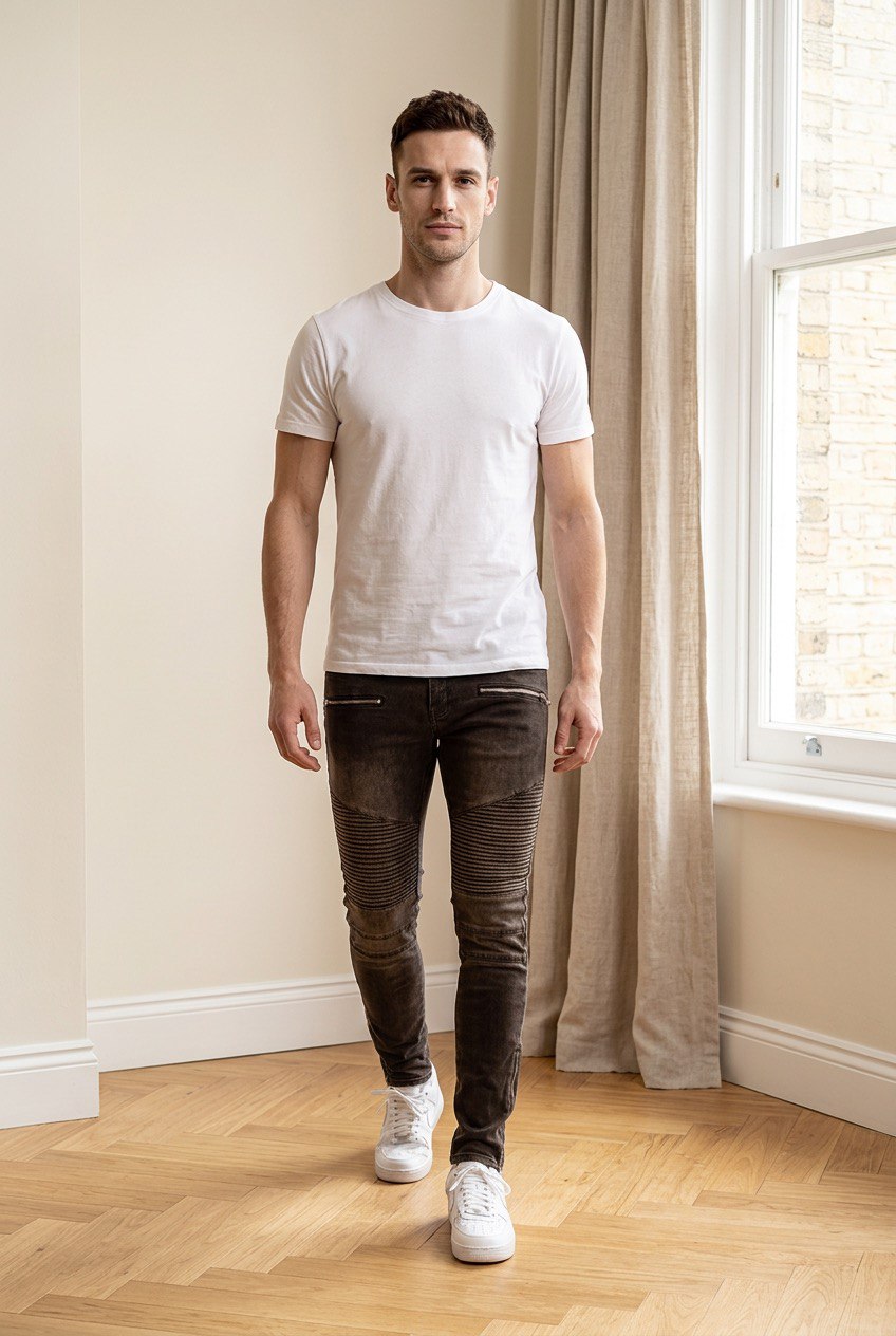 Jeans slim fit con inserti biker a coste sulle ginocchia e zip decorative