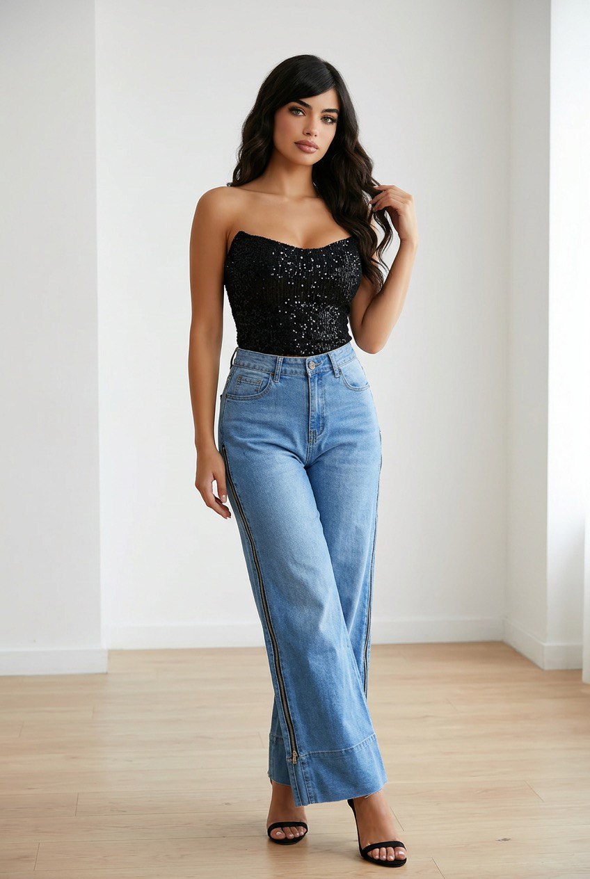 Jeans palazzo in denim chiaro high-waist con gamba ampia, 5 tasche e zip laterali