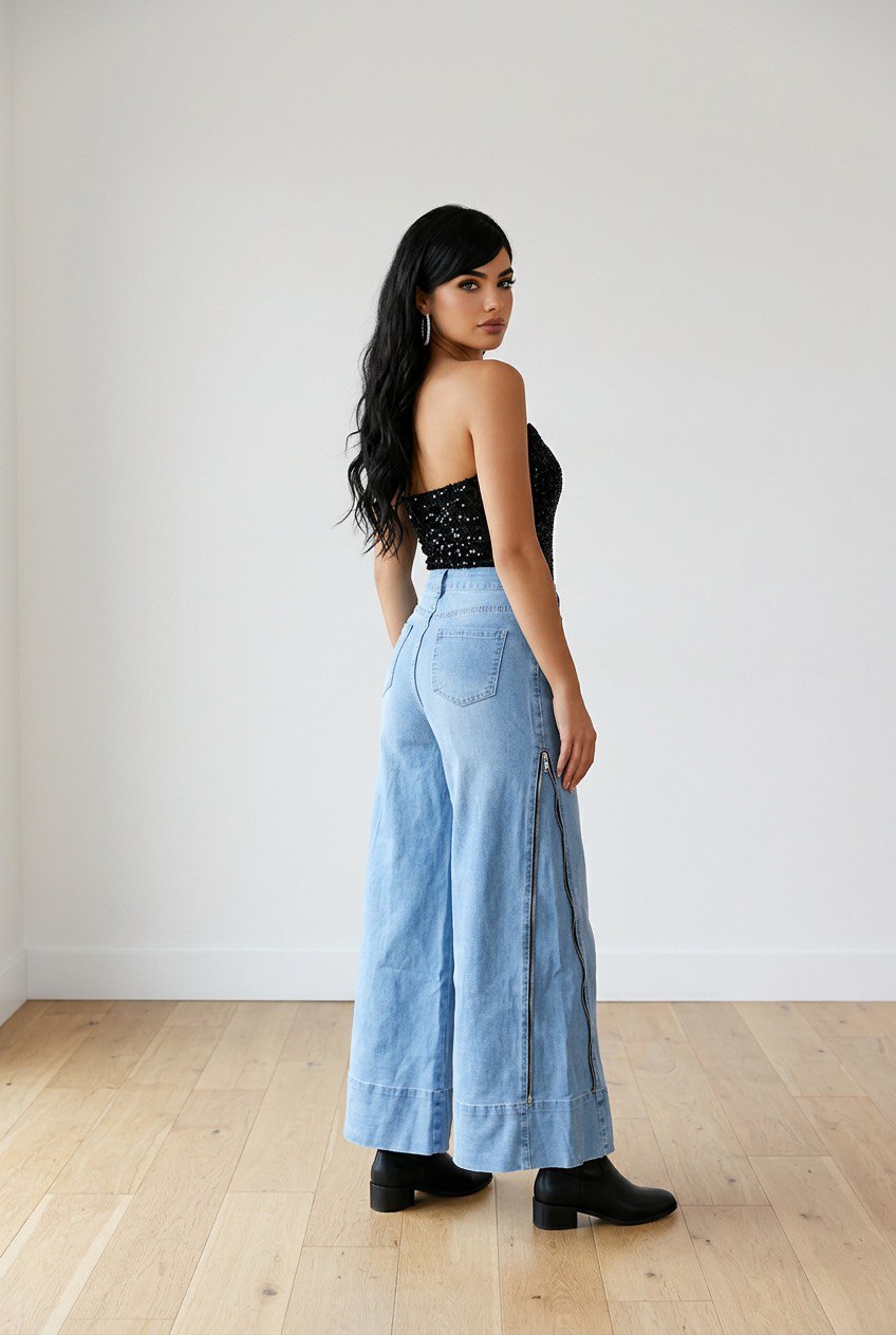 Jeans palazzo in denim chiaro indossati con vita alta, gamba ampia  e zip laterali