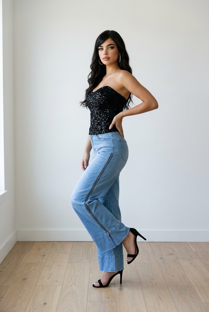 Jeans palazzo in denim con zip laterale lungo la gamba, 5 tasche e chiusura con bottone e zip
