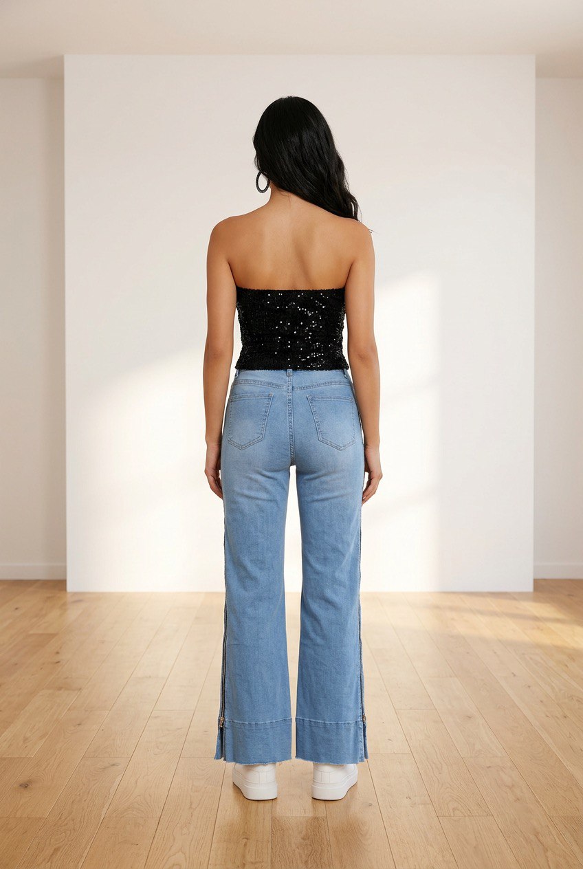 Jeans palazzo in denim chiaro high-waist con gamba ampia, 5 tasche e zip laterali, vista posteriore