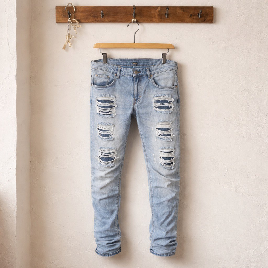 Jeans uomo slim fit, in cotone, in demin chiaro effetto used con strappi e abrasioni, vita regolare e design a 5 tasche