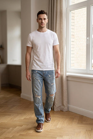 Jeans baggy con effetto slavato e strappi frontali, design a 5 tasche