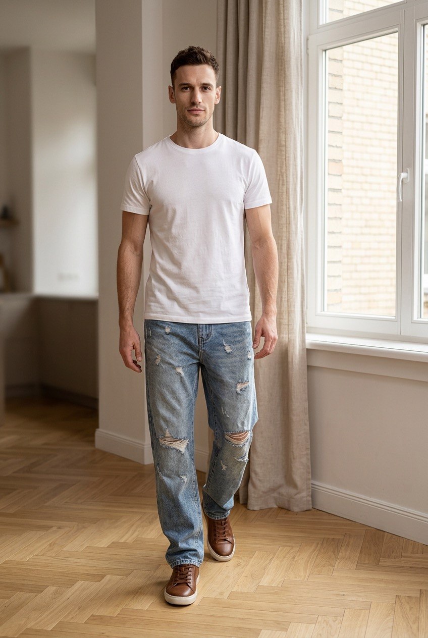 Jeans baggy con effetto slavato e strappi frontali, design a 5 tasche