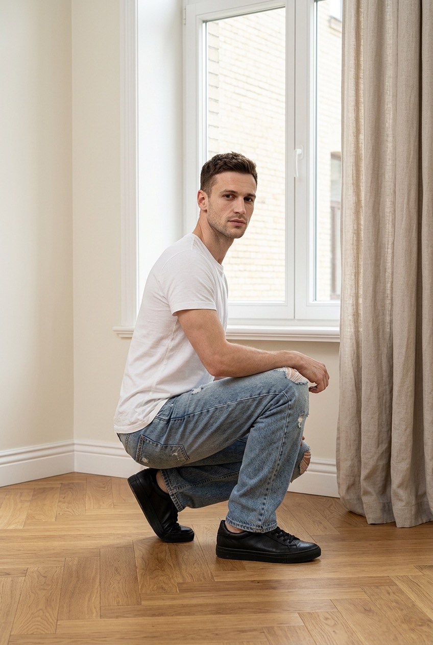 Jeans baggy in denim, uomo, con effetto slavato e strappi frontali, design a 5 tasche