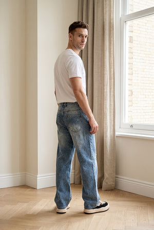 Jeans baggy in cotone, con strappi frontali, indossato, design a 5 tasche